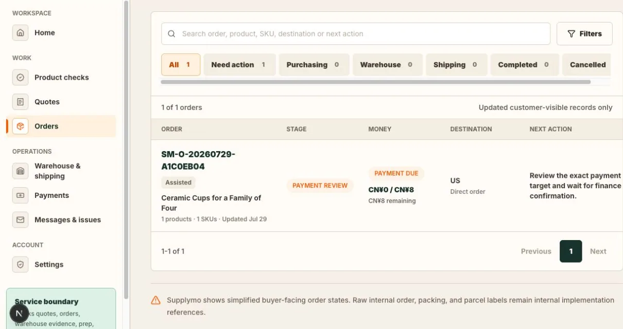 Supplymo customer order workspace showing payment review, order status, destination, and the next action.