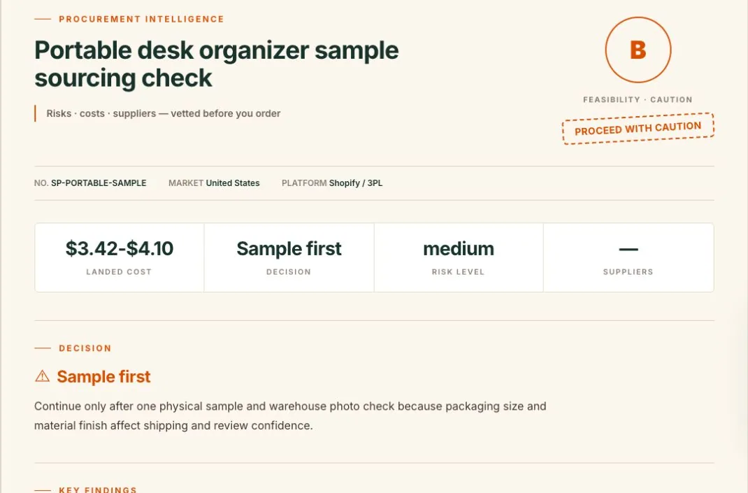 Supplymo sample sourcing report showing a Sample first decision, landed-cost range, risk level, and key findings.
