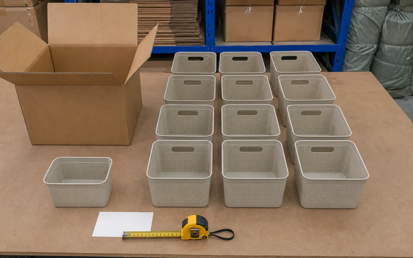 Illustrative warehouse receiving scene with an open carton and unbranded goods arranged for photo confirmation.