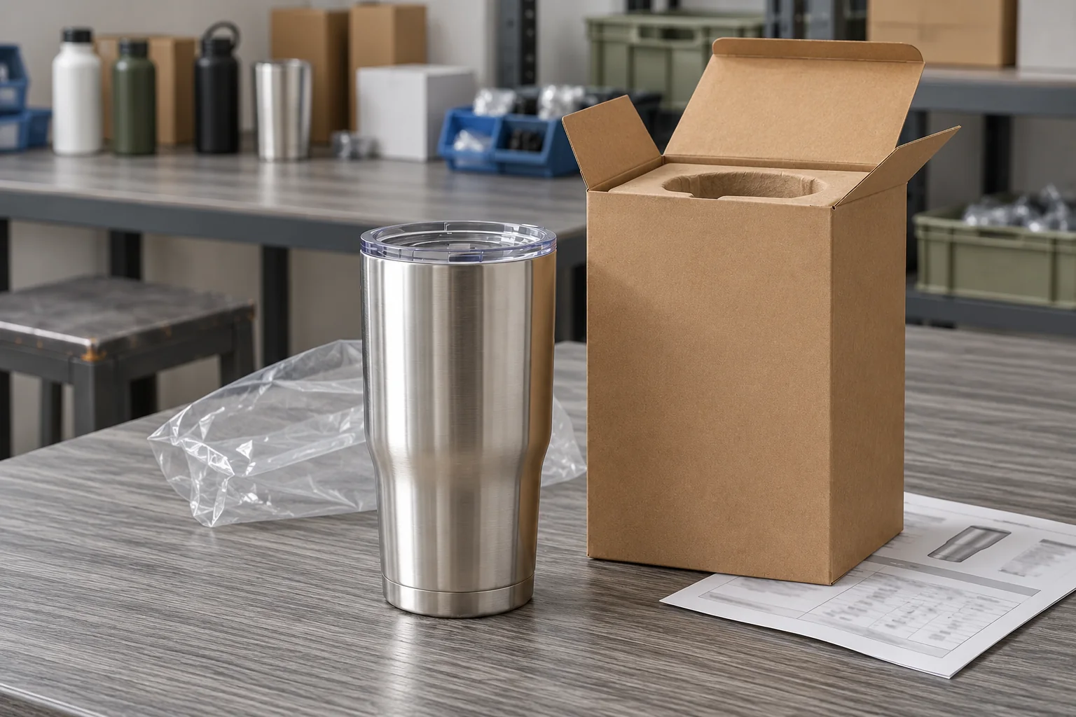 An unbranded stainless steel tumbler beside sample packaging