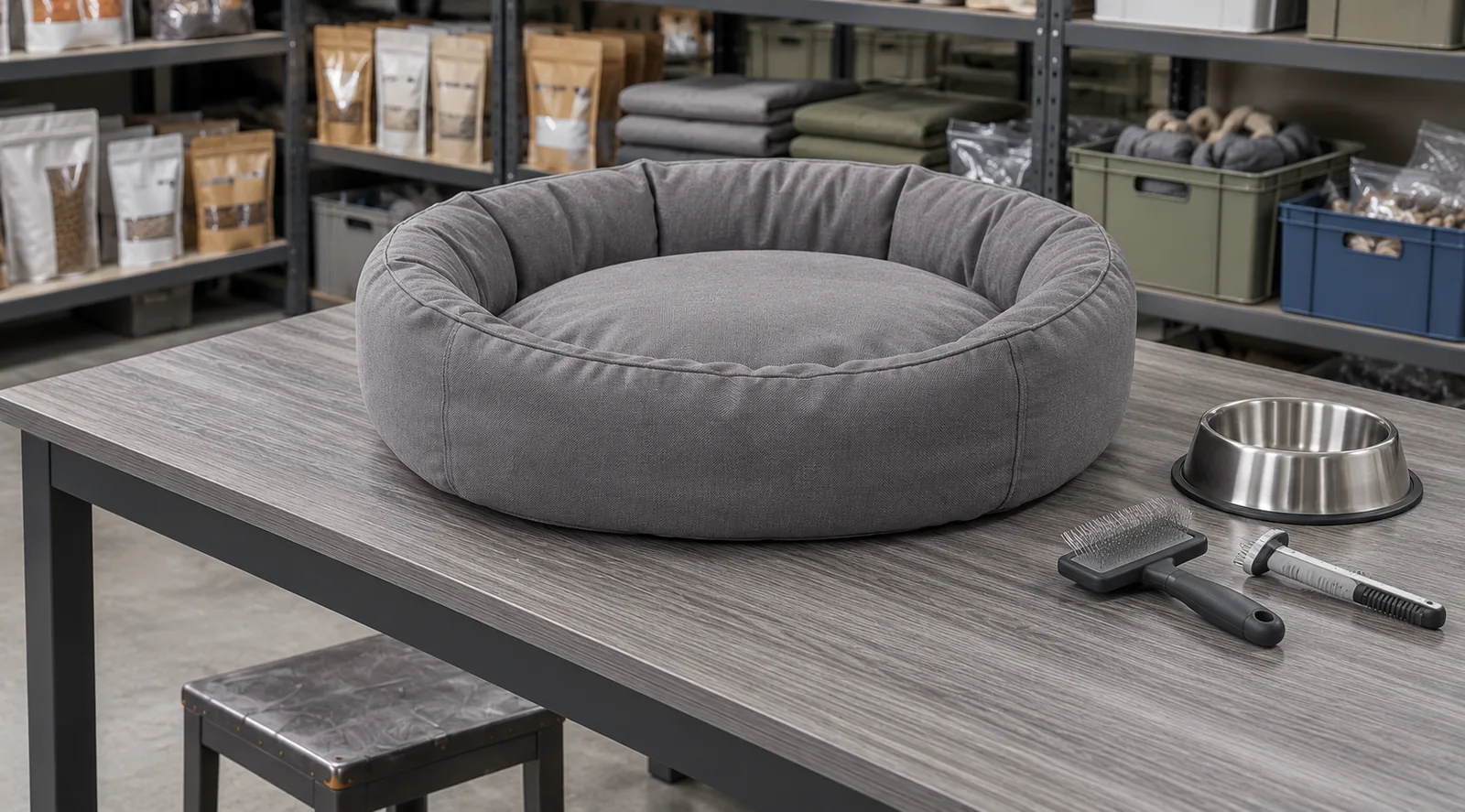 An unbranded pet bed sample on a worktable