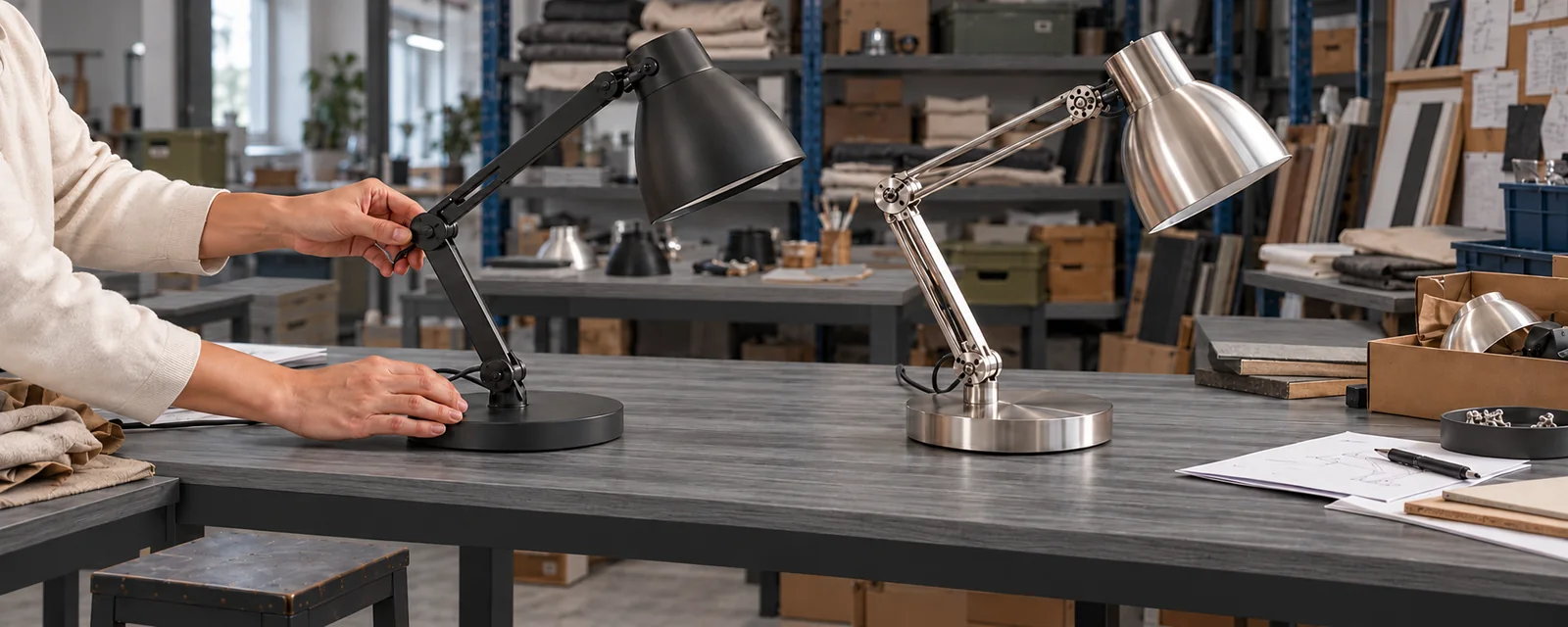 Illustrative comparison of desk lamp sample hinges at a working sample bench