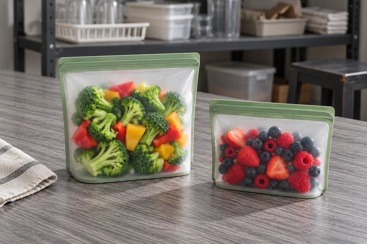 Reusable storage bag samples on a worktable