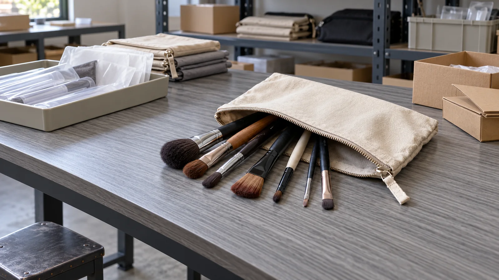 An unbranded makeup brush set sample on a worktable
