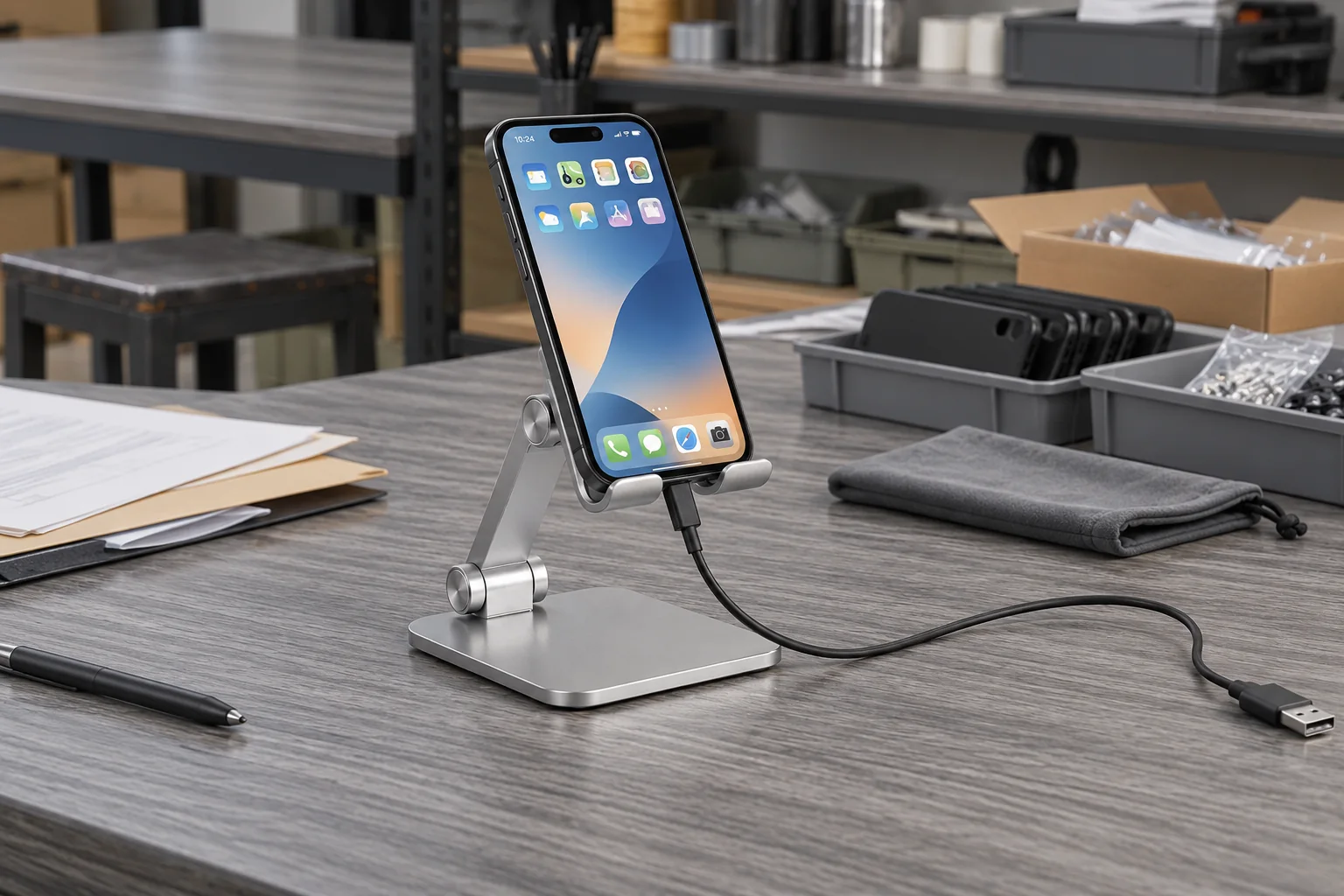 An unbranded aluminum phone stand sample on a worktable