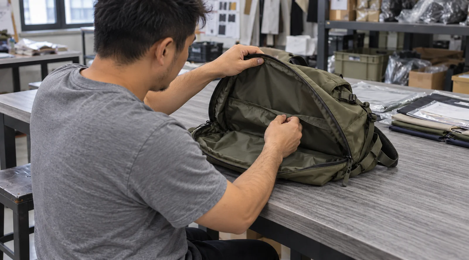 Illustrative visual check of a backpack lining seam at a sample bench