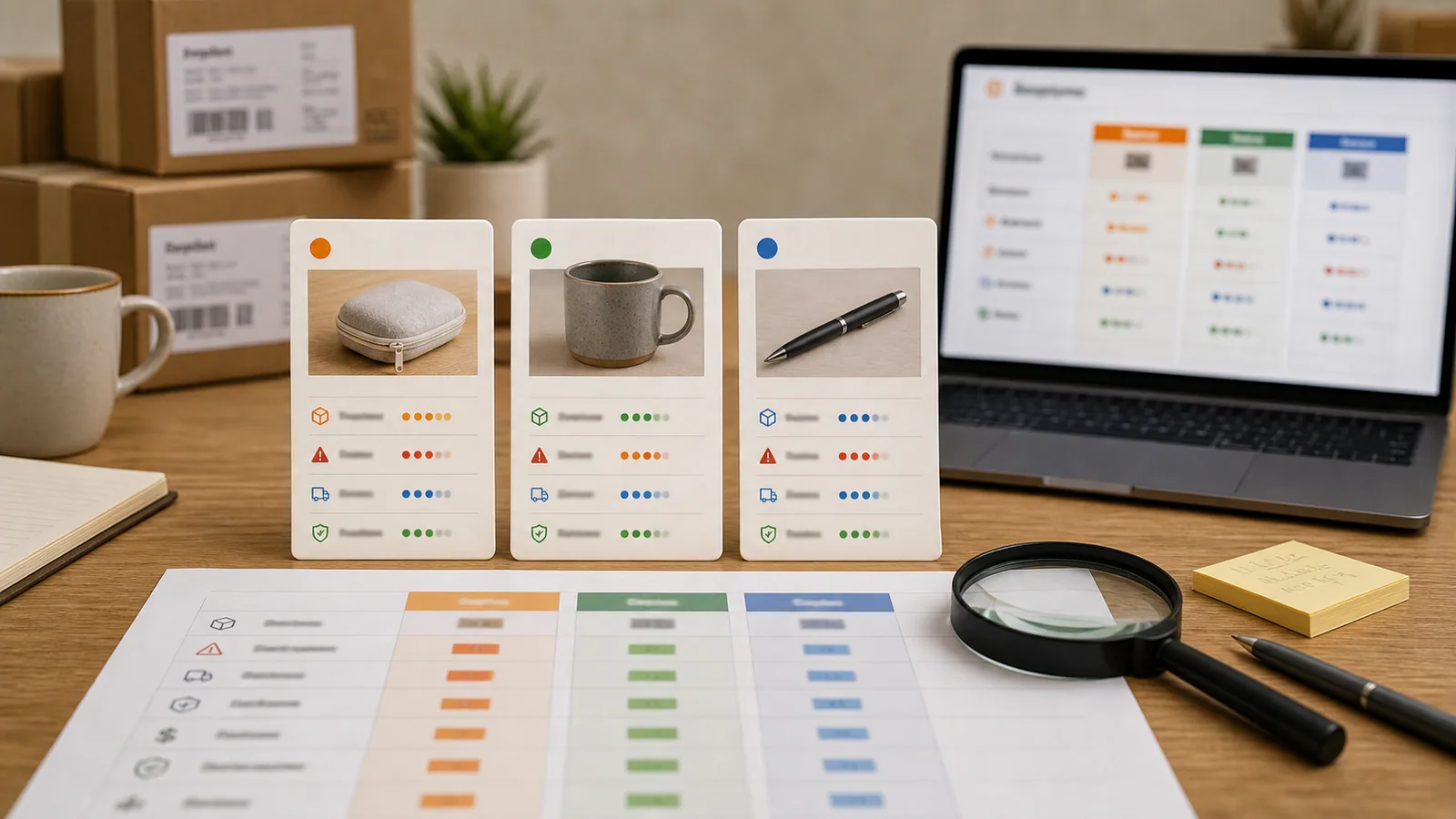 MOQ and landed cost review desk with product samples and calculator