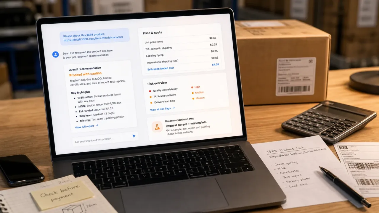 Illustrative 1688 sourcing question and decision workspace