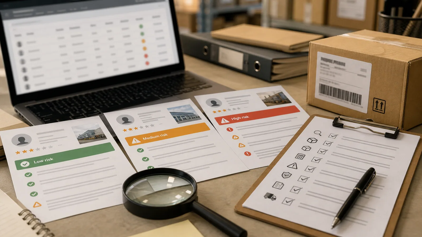 Product risk review desk with samples, calculator, and ecommerce sourcing page