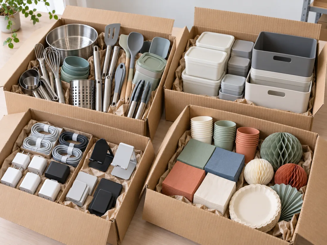 Opened cartons of kitchenware, storage boxes, phone accessories and party supplies