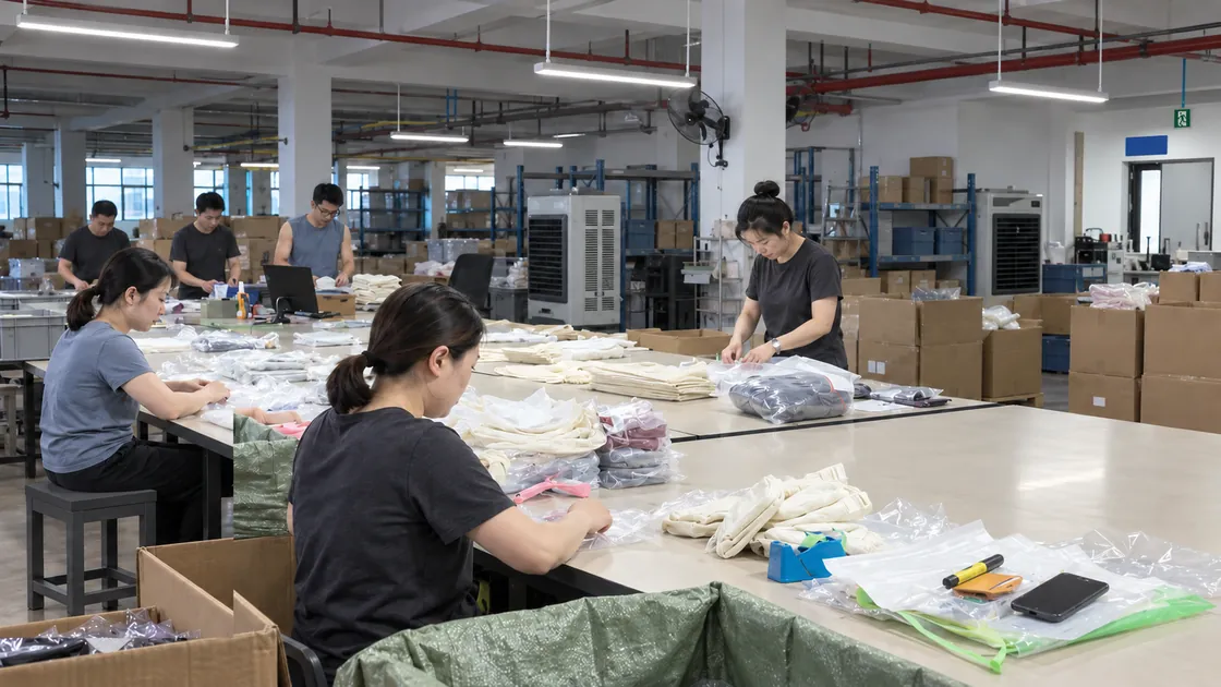 Workers checking and bagging goods at long packing tables