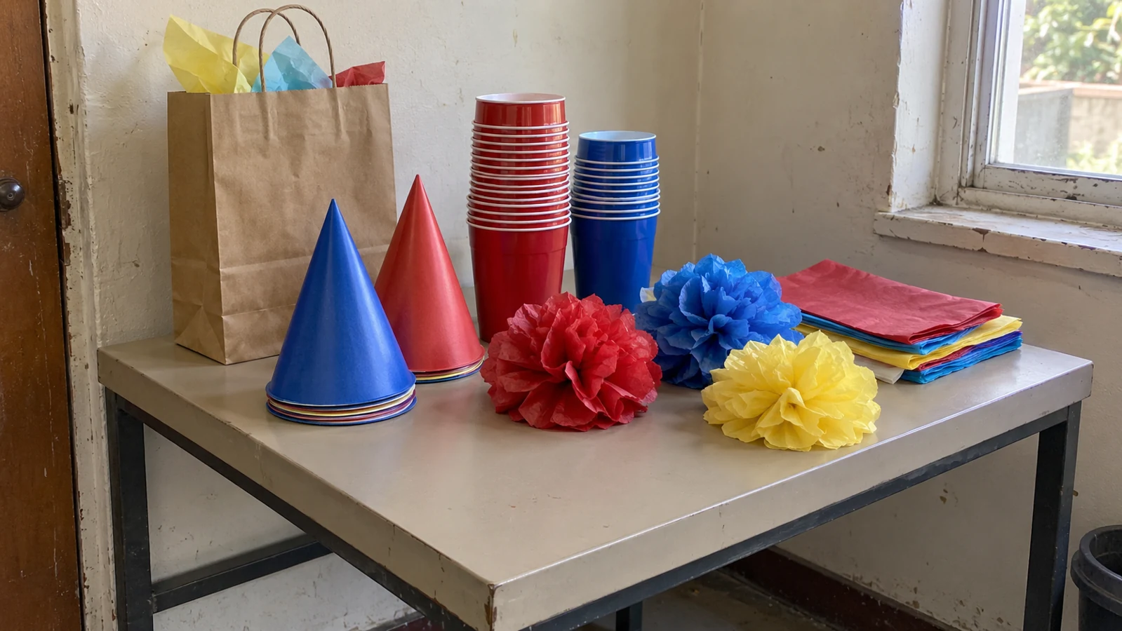 Unbranded party supply samples on a warehouse worktable