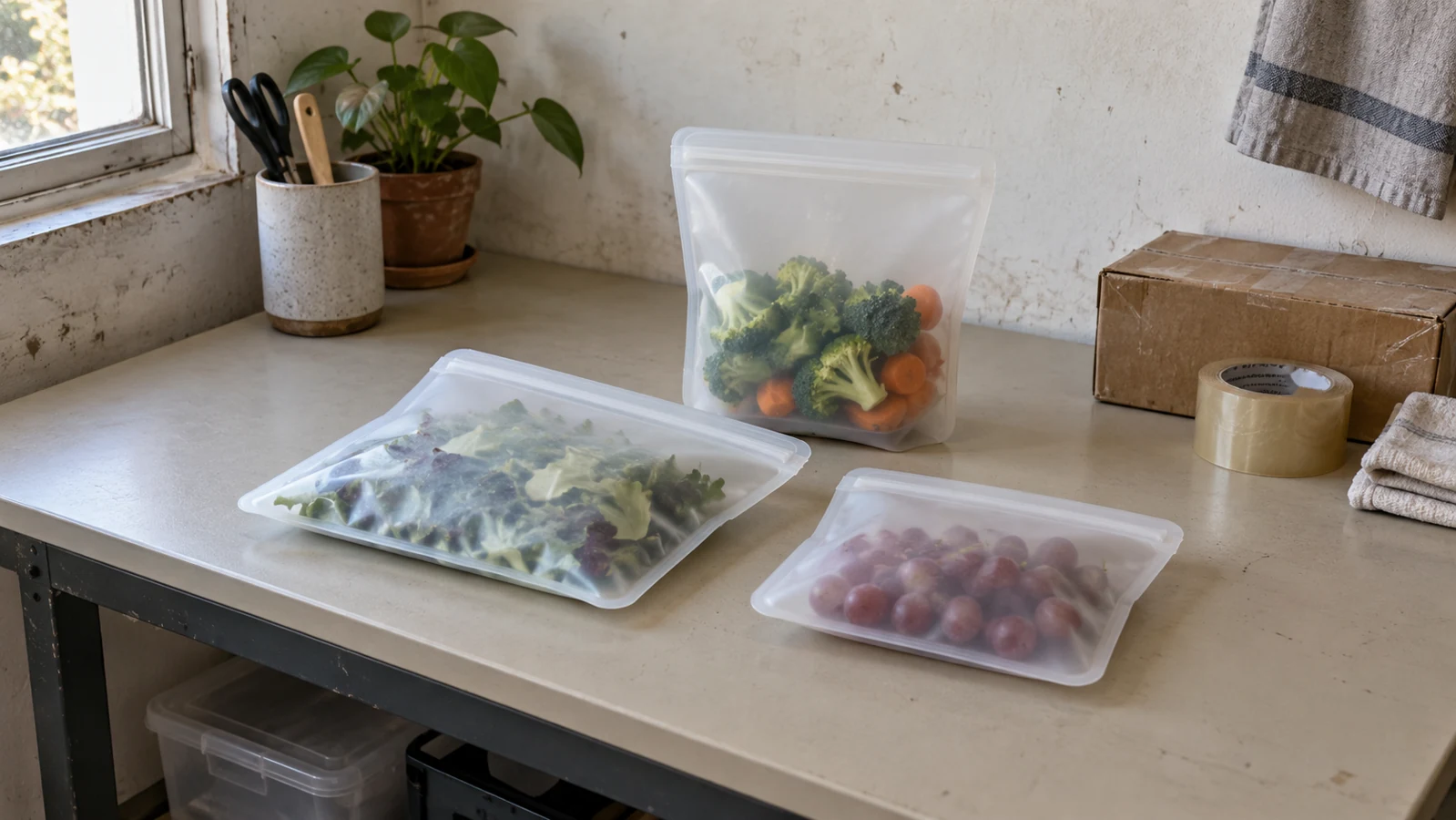 Reusable storage bag samples on a warehouse worktable