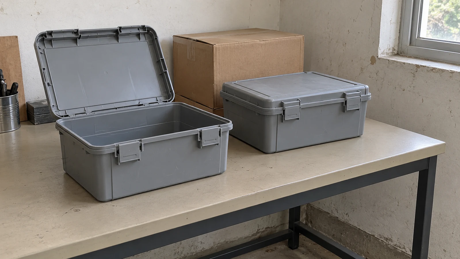 Two storage bin samples on a warehouse worktable