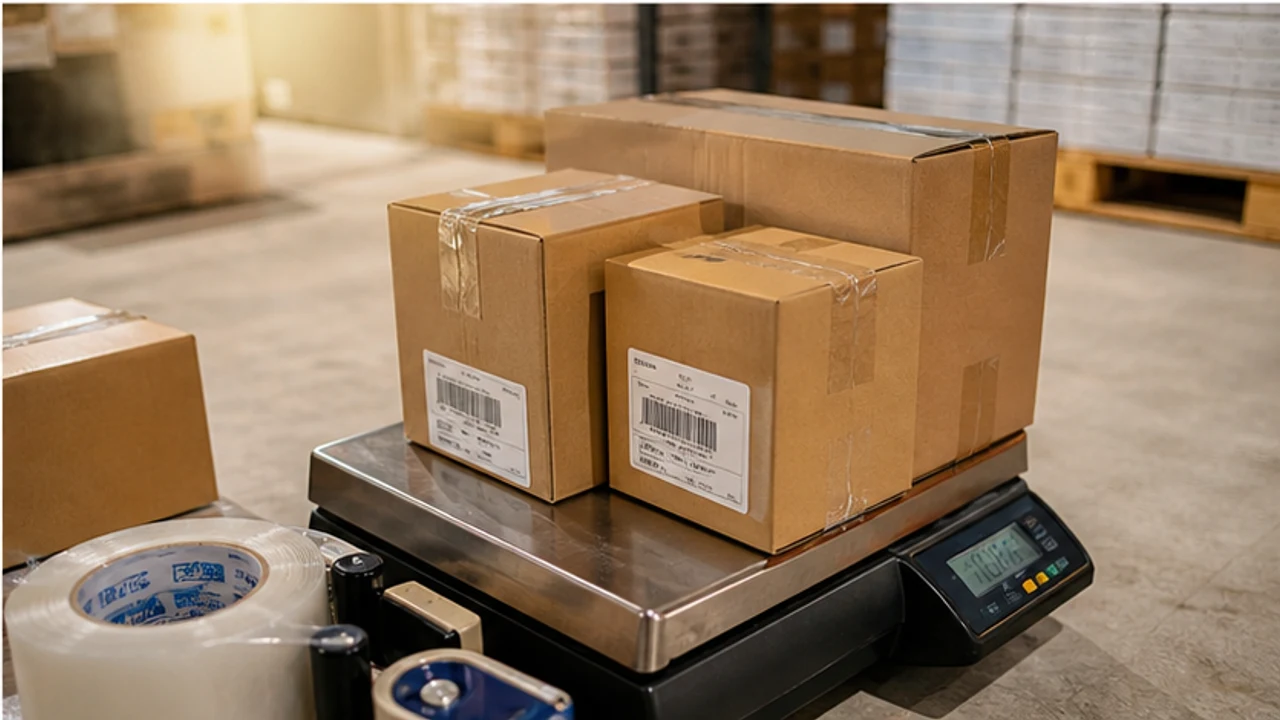 Packed cartons on a scale before shipping handoff
