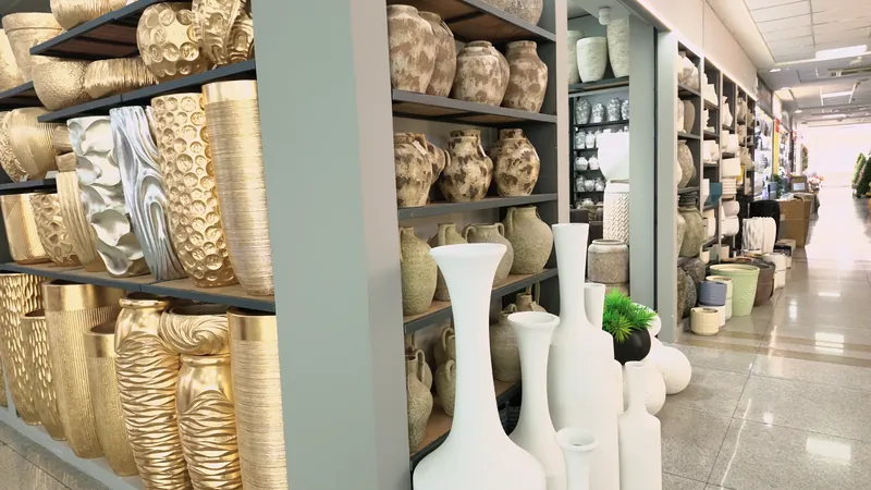 Rows of vases displayed on market stall shelves