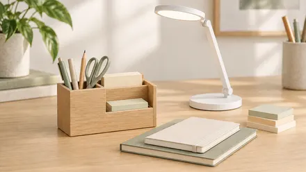 A wooden desk organizer, a desk lamp and notebooks