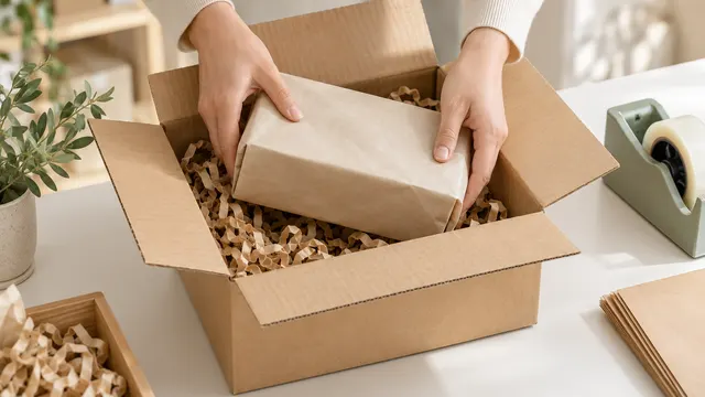 Goods packed into a carton next to a parcel scale