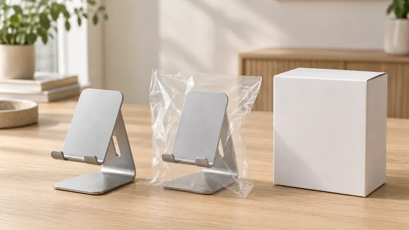 An aluminium phone stand shown bare, bagged and boxed