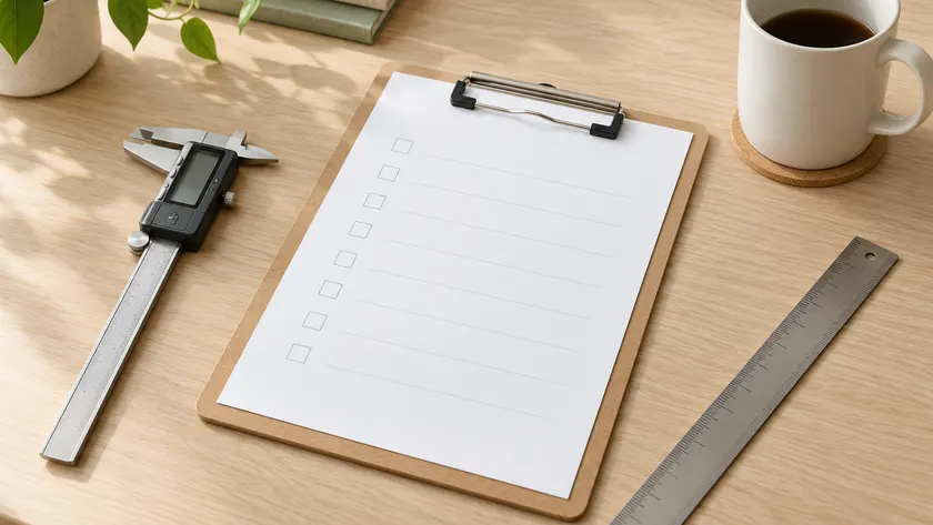 Clipboard, caliper and ruler
