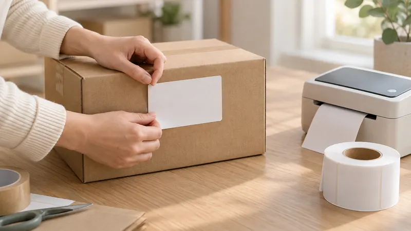 Hands applying a blank label to a carton
