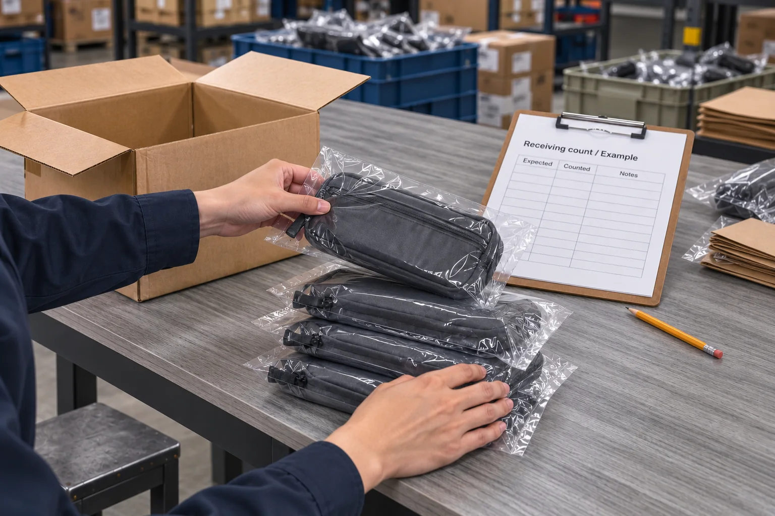 Illustrative counting of bagged samples beside an example receiving sheet