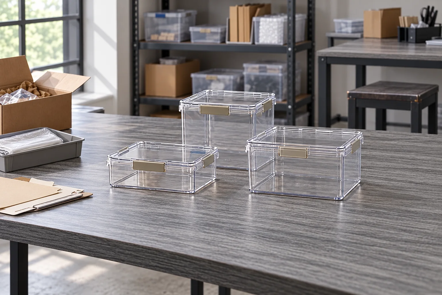 Three clear lidded storage box samples on a working sample bench