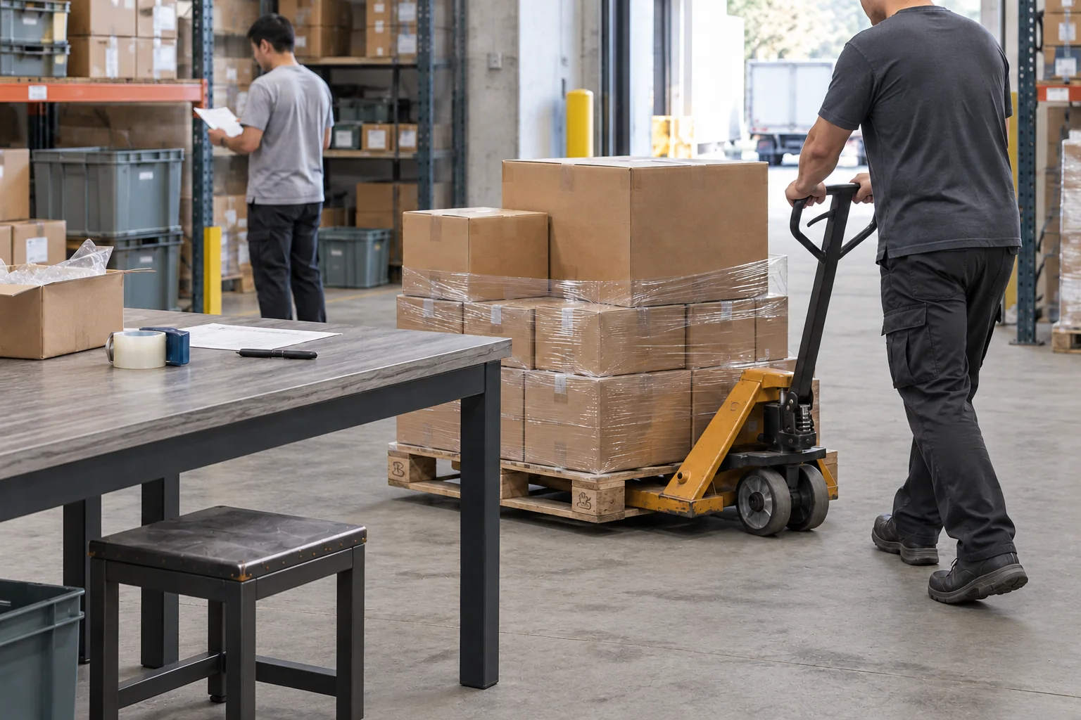 Illustrative movement of wrapped cartons on a supported pallet with a pallet jack