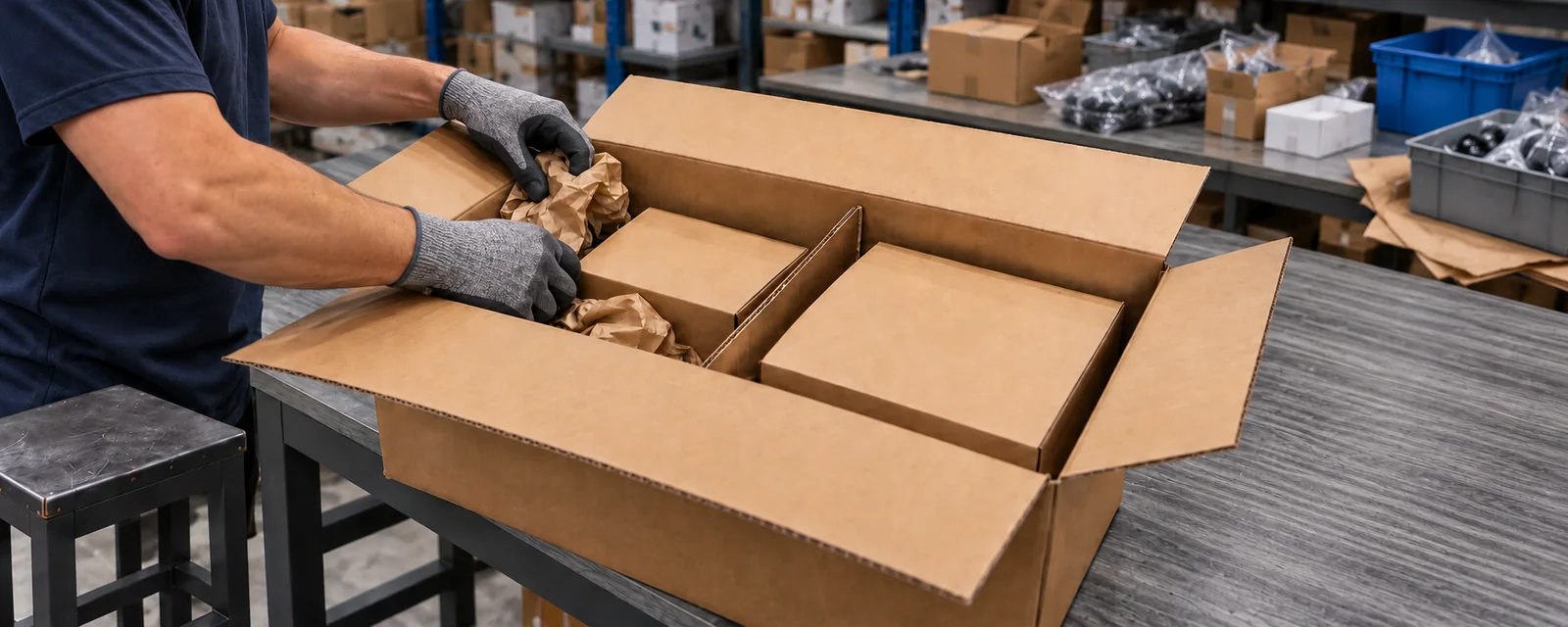 Illustrative packing with kraft cushioning between protected inner cartons