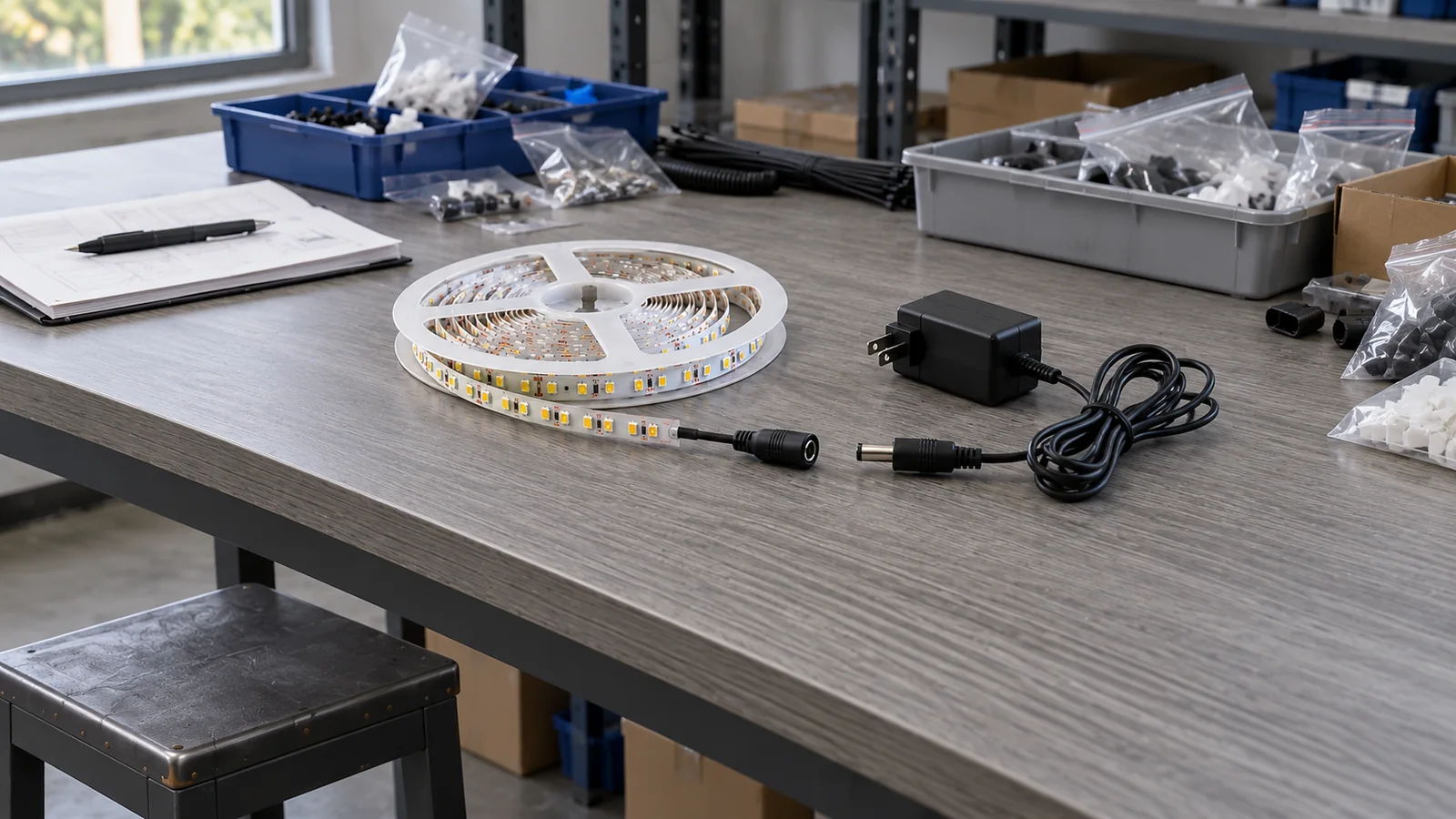 An unpowered LED strip sample with its power adapter disconnected