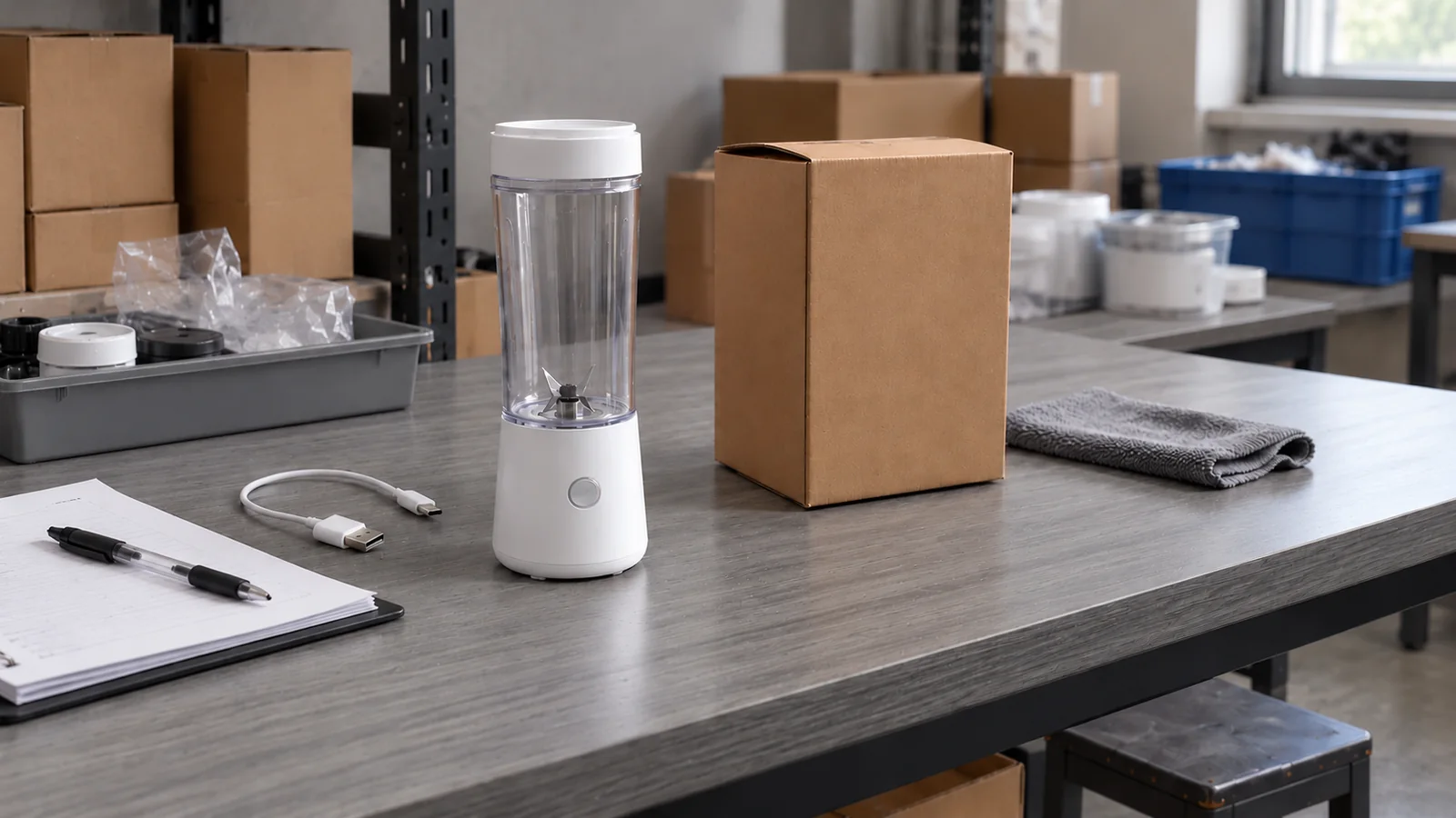 An unbranded portable blender sample on a worktable
