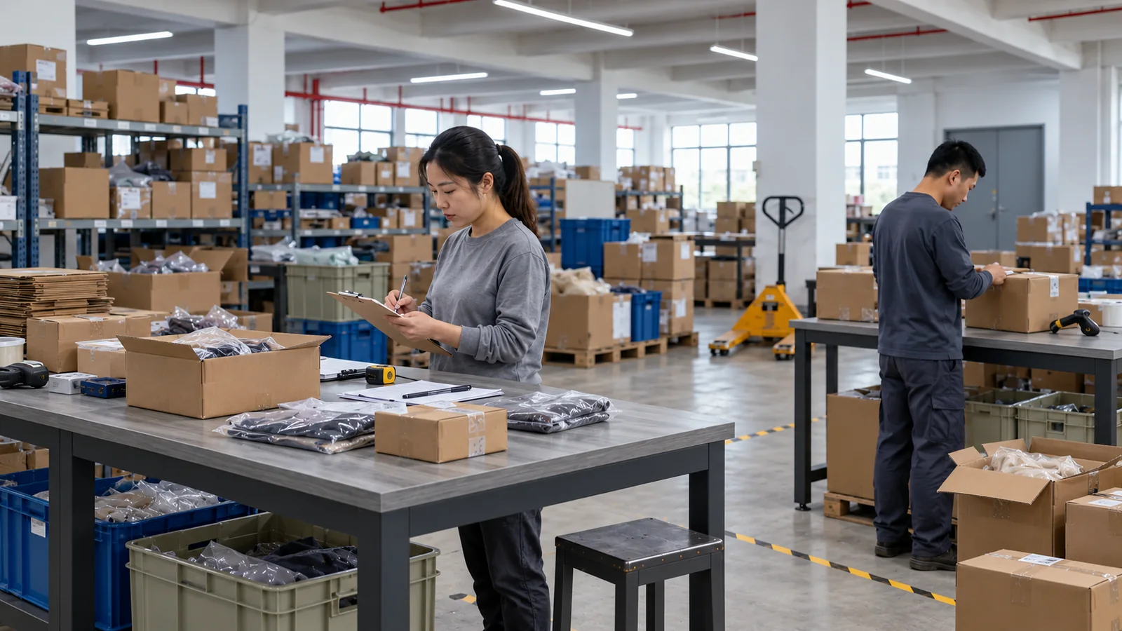 Illustrative receiving checks at occupied partner warehouse workbenches