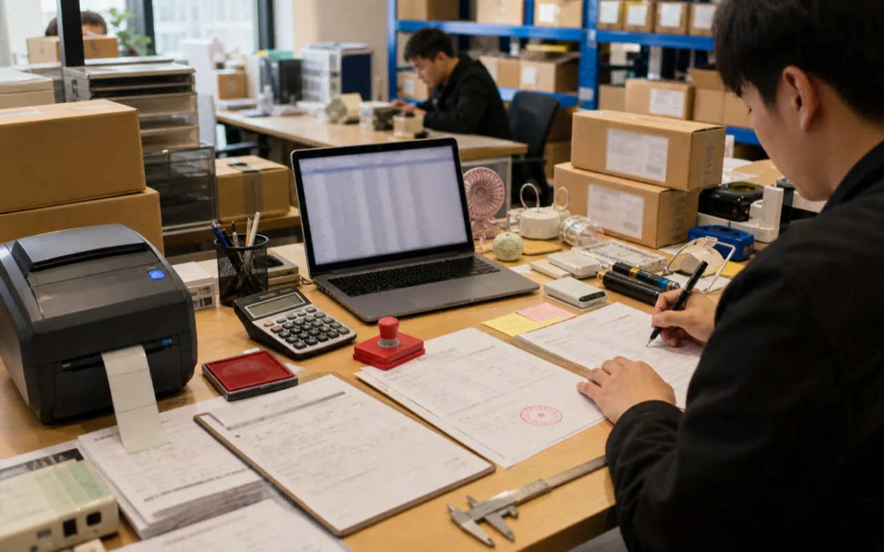 Customs classification paperwork and product samples on a desk