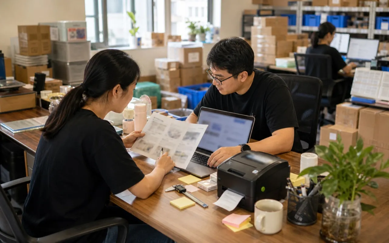 Reviewing sourcing guides at a desk in a warm office