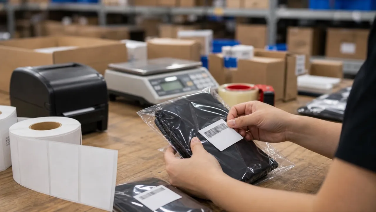 Applying barcode labels to polybagged goods before shipment