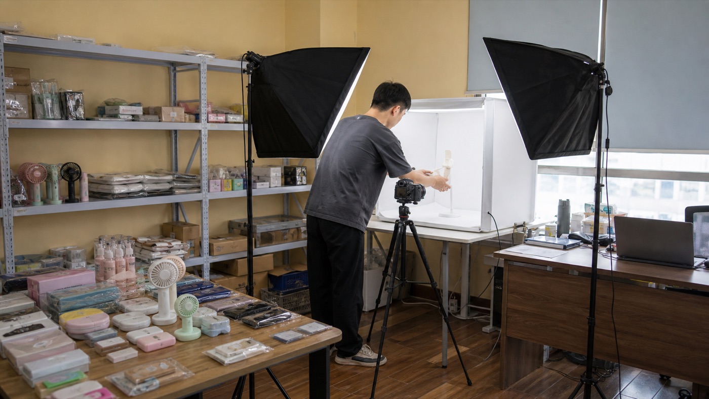 Photographing a product sample in a lightbox