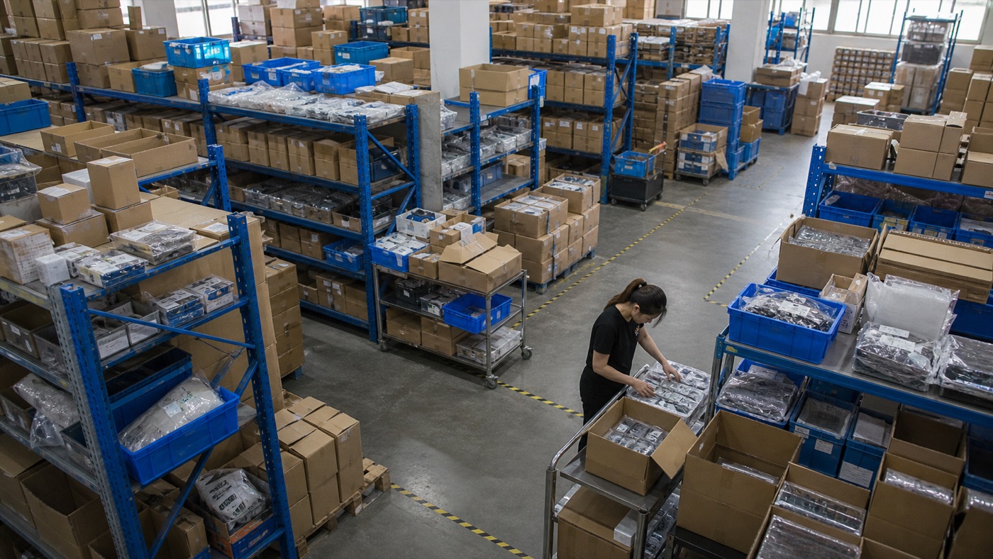 Goods organized on shelving in a China sourcing warehouse