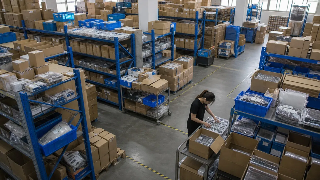 Organized shelves and cartons in a China sourcing warehouse