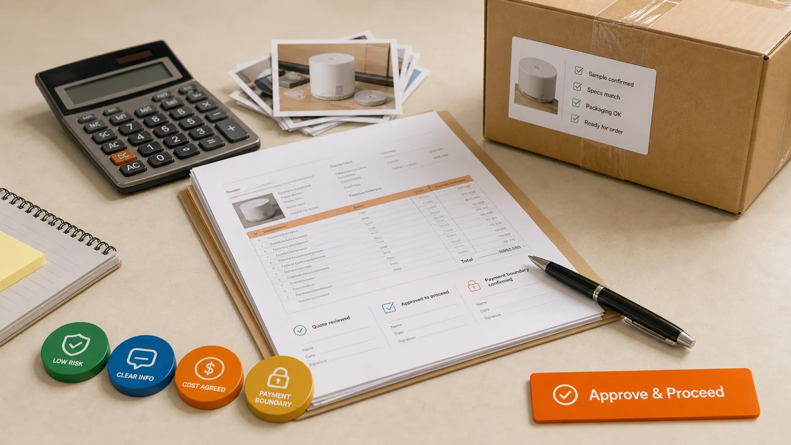 Reviewing and approving a sourcing quote at a desk