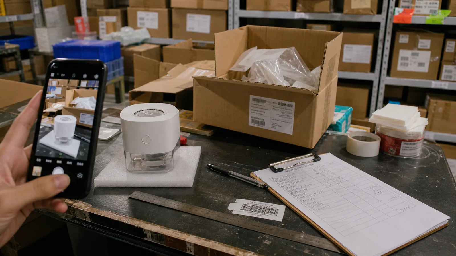Supplymo product check desk with samples, cost worksheet, and ecommerce product page
