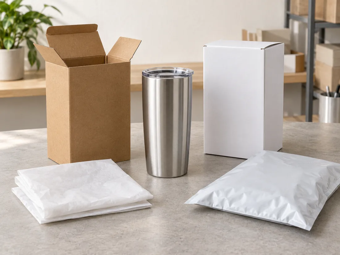 A stainless tumbler shown with kraft box, white box and mailer packaging options