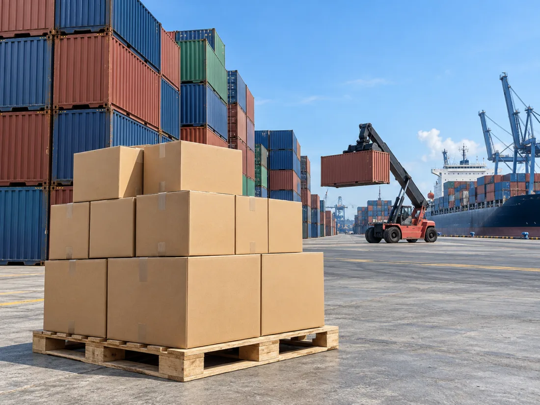 A pallet of export cartons at a container port