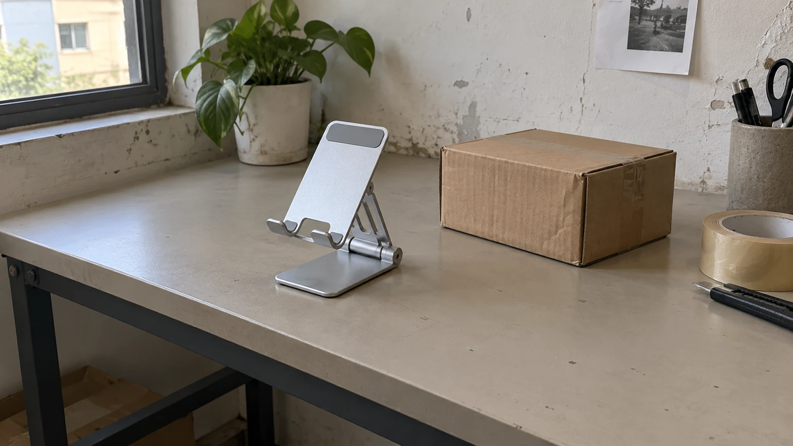 An unbranded aluminum phone stand sample on a warehouse worktable