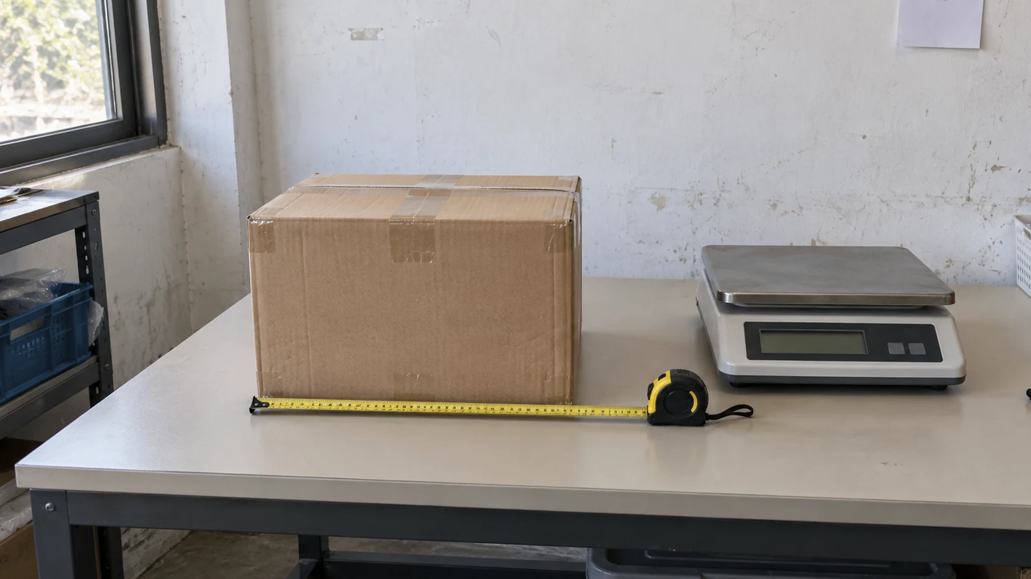 A carton with a measuring tape and parcel scale