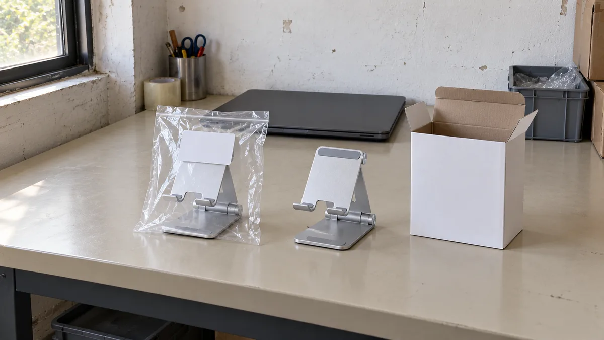 The same phone stand in a plain poly bag and in a white retail box
