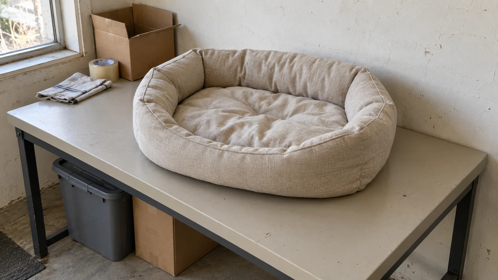 An unbranded pet bed sample on a warehouse worktable