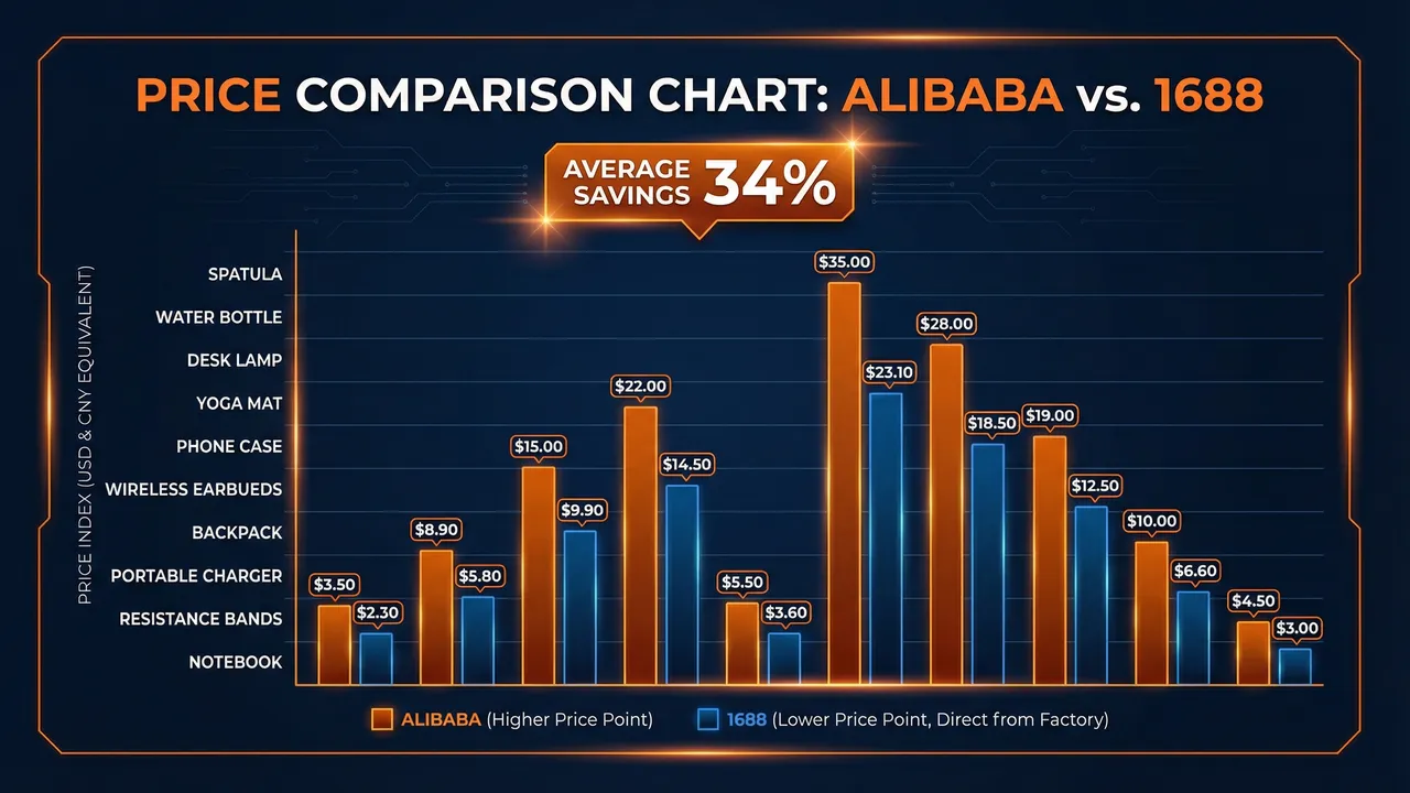 Alibaba vs 1688 price comparison across 10 products