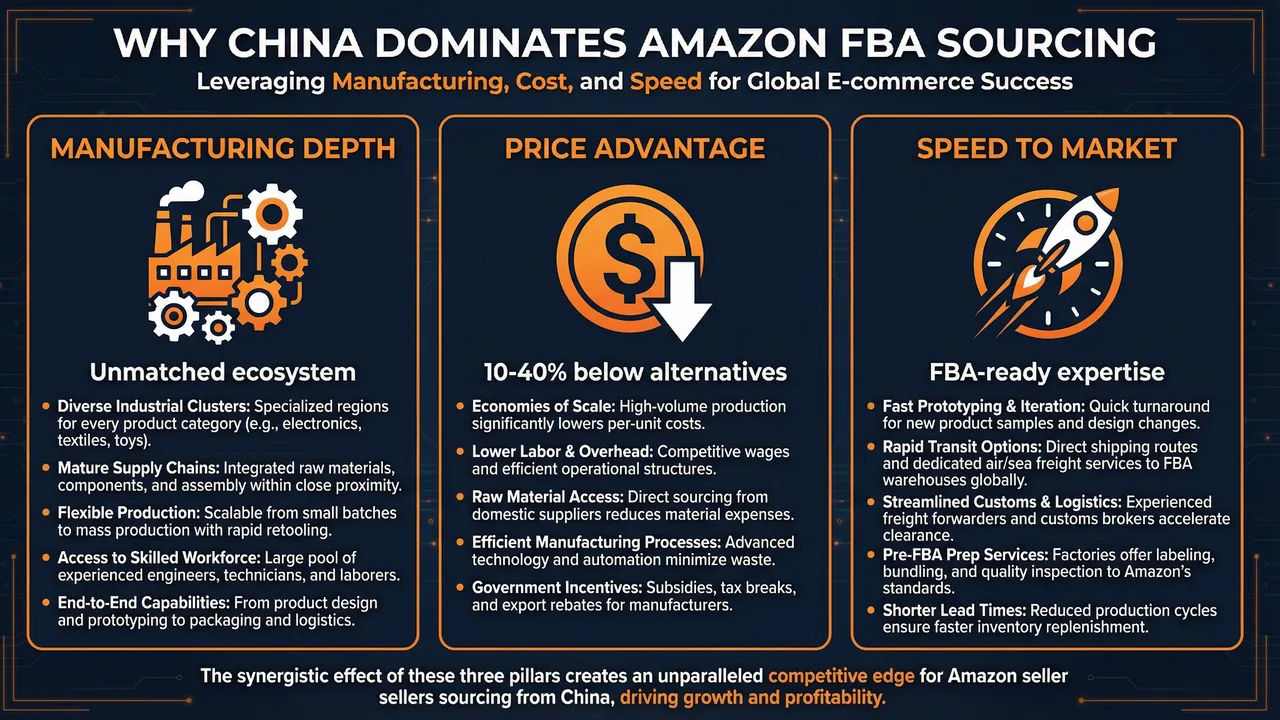 Why China dominates Amazon FBA sourcing: manufacturing depth, price advantage, and speed to market