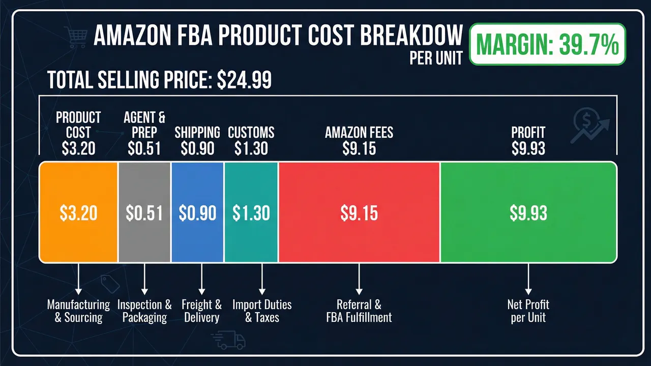FBA cost breakdown showing product cost $3.20, agent and prep $0.51, shipping $0.90, customs $1.30, Amazon fees $9.15, and profit $9.93 per unit