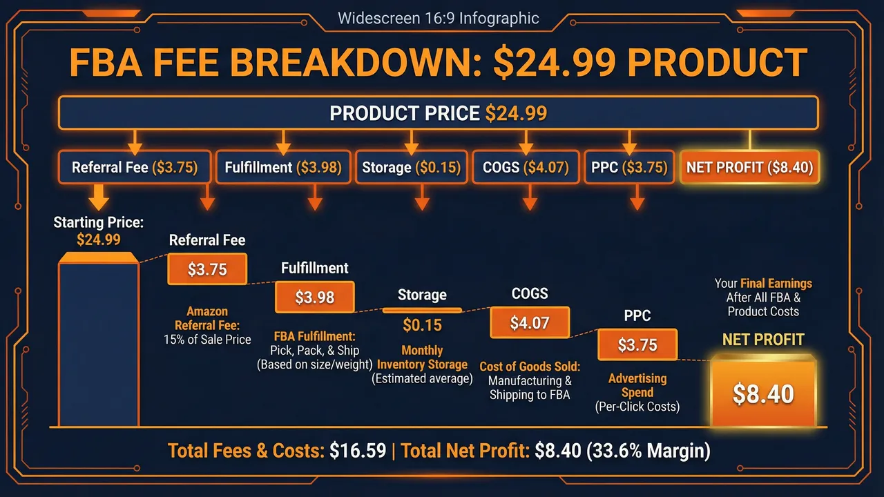 FBA fees breakdown waterfall chart for a $24.99 product